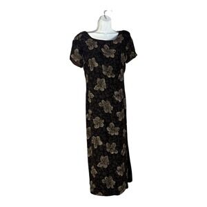 Chelsea & Camell Black Floral Maxi‎ Dress Silk Blend Short Sleeve Scoop Neck